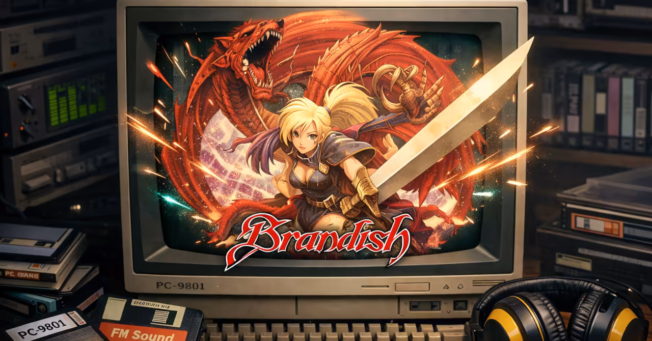 Retro PC-9801 computer with CRT showing Brandish cover art bursting out, dragon and warrior emerging from screen with headphones, floppy disks and FM sound disks on desk.