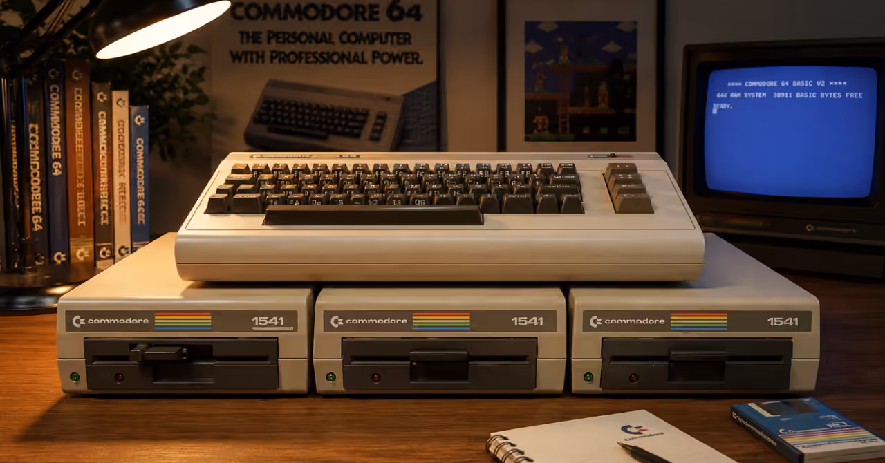 Three Commodore 1541 disk drives beneath a Commodore 64 in a warmly lit late-1980s home computer setup with a CRT monitor.