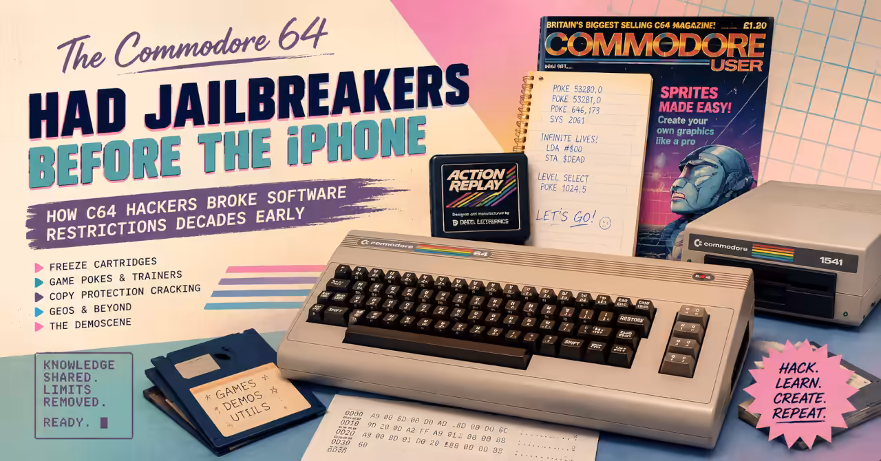 Pastel 1980s style banner showing a Commodore 64, Action Replay cartridge, floppy disks, and retro hacking culture inspired by early jailbreak ideas