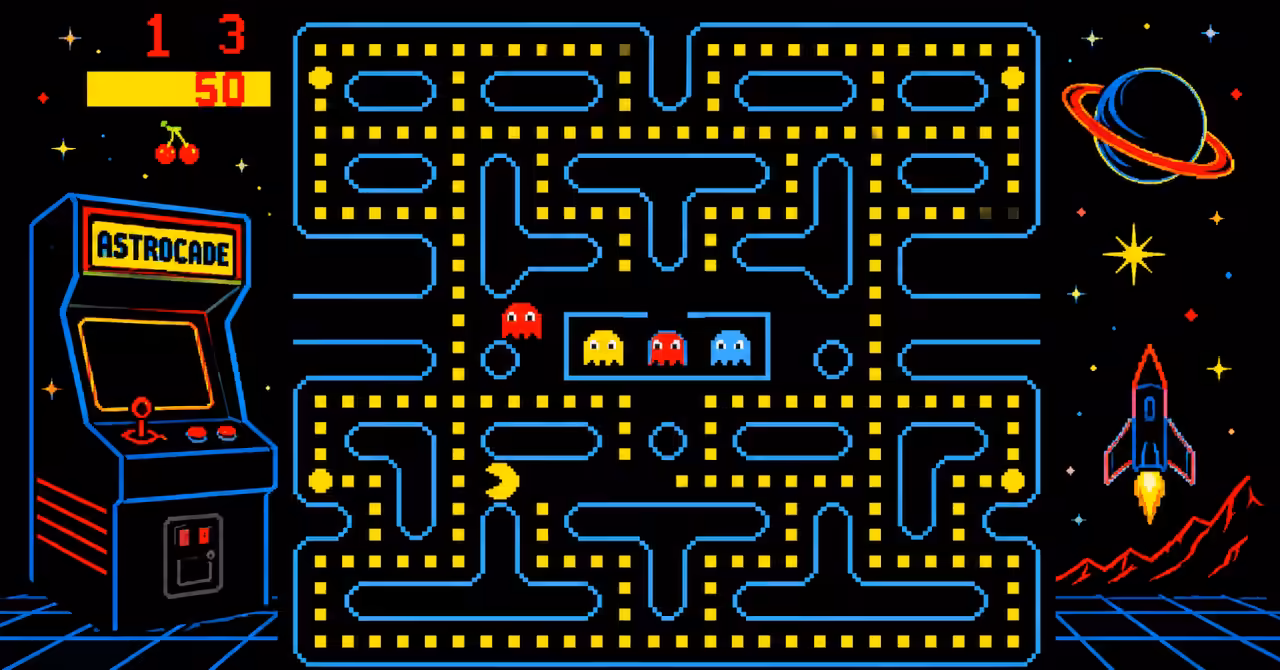 Remastered Pac-Man-style maze banner with colourful ghosts, pellets and arcade-inspired side artwork framing the classic gameplay screen.