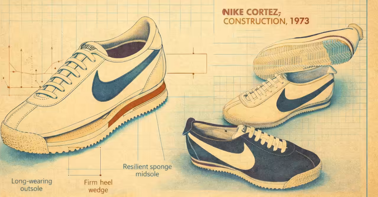 Retro 1973-style technical illustration of the Nike Cortez, showing cutaway sole construction and multiple shoe views on aged paper with grid lines and warm analog colours.