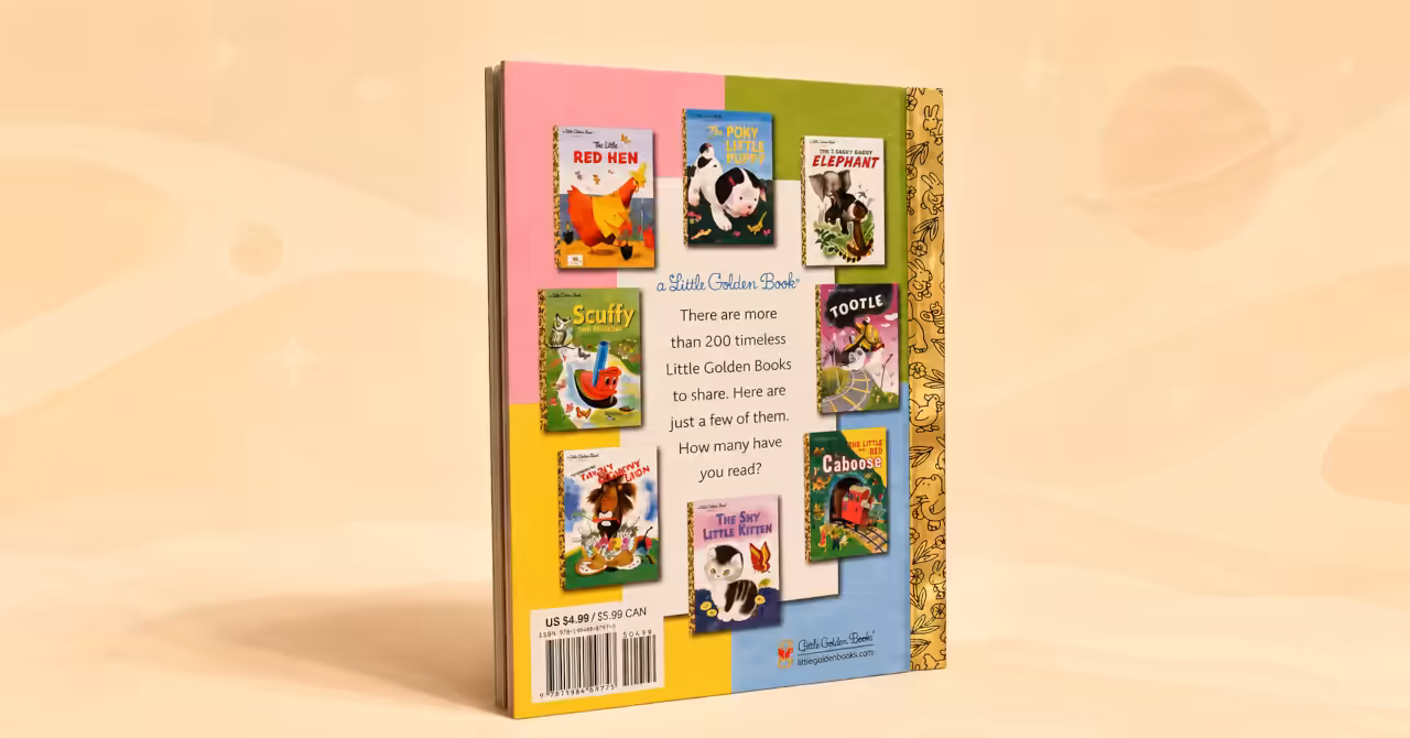 Back cover of a Little Golden Book featuring miniature classic covers surrounding a reading invitation, shown standing against a soft illustrated pastel backdrop.