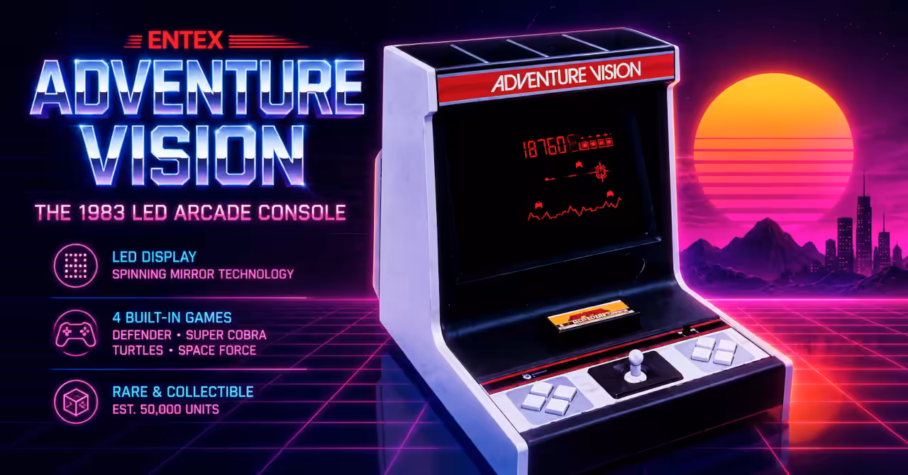 Synthwave artwork featuring the 1983 Entex Adventure Vision, highlighting its red LED display, arcade styling and retro-futuristic neon backdrop.