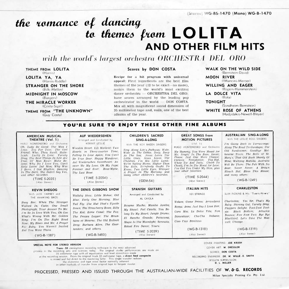1962 Lolita and other Film Hits vinyl record flip side