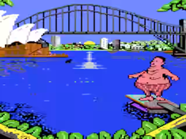 Commodore 64 Australian Games ccreenshot showing a fat man about to belley flop into Sydney Harbour
