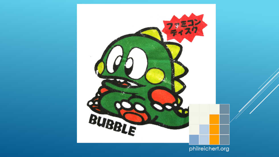 Close‑up of Bubble Bobble monster graphic print detail after wear