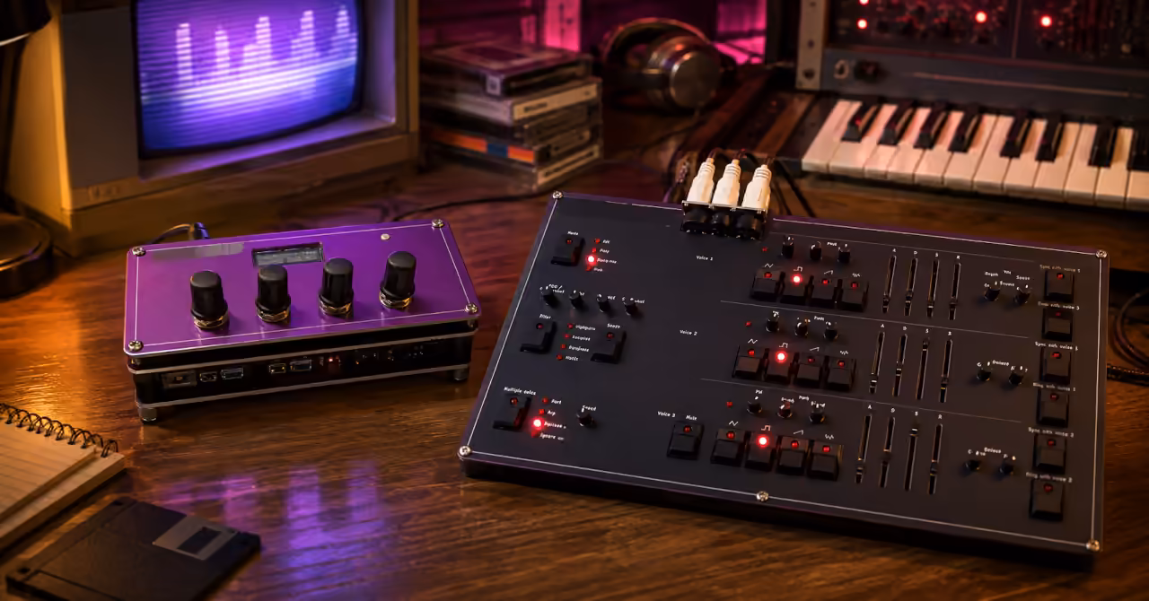 MidiSID synthesizer and Physical Control Surface in a mildly retro 1980s-inspired personal music studio.