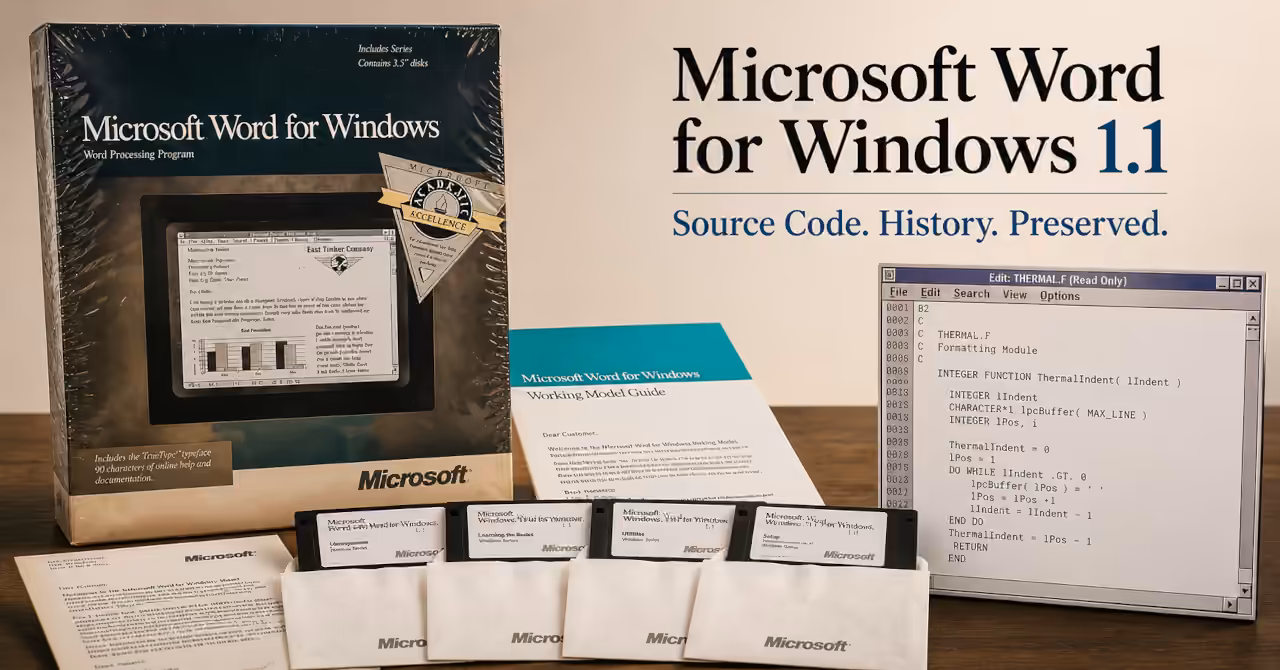 Microsoft Word for Windows 1.1 retail box, floppy disks and documentation alongside preserved source code representing its modern x64 revival