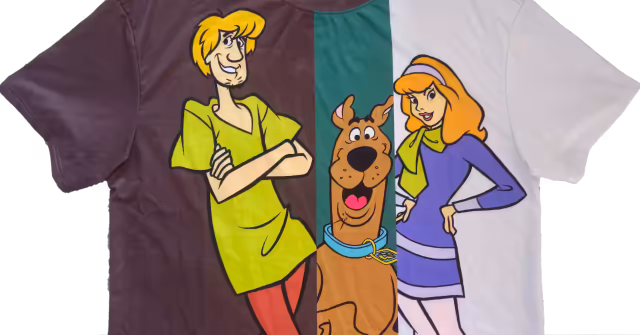Detail view of Scooby-Doo T-shirt showing fabric texture, print edges, and collar tag