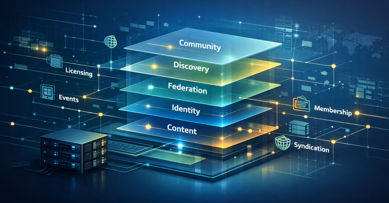 Isometric server stack with layered planes labelled content, identity, federation, discovery and community, linked by glowing network lines.