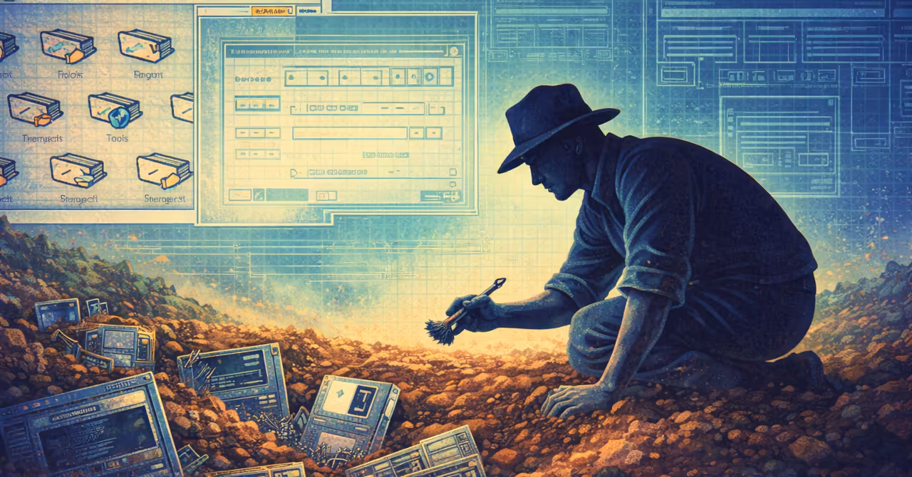 Silhouetted archaeologist uncovering buried floppy disks and classic Amiga windows overlaid with blueprint grids in a retro 1980s style banner.