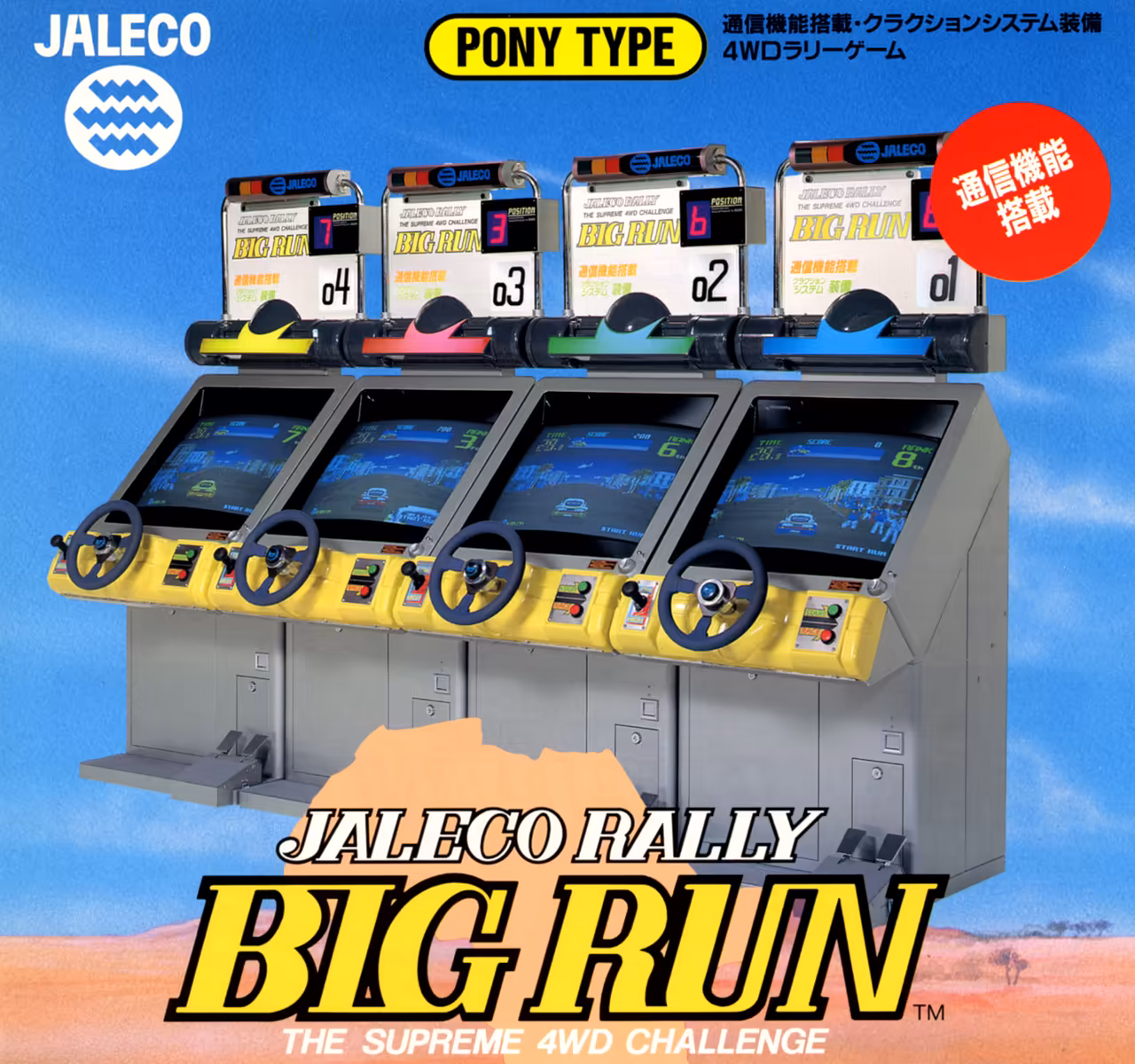 Industry advertisement showing the four pony configuration for Jaleco Rally Big Run