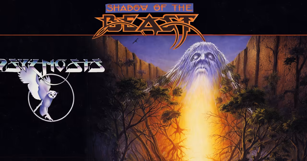 Widescreen banner of Shadow of the Beast artwork with Psygnosis logo and glowing forest scene promoting the 2008 Amiga soundtrack review.