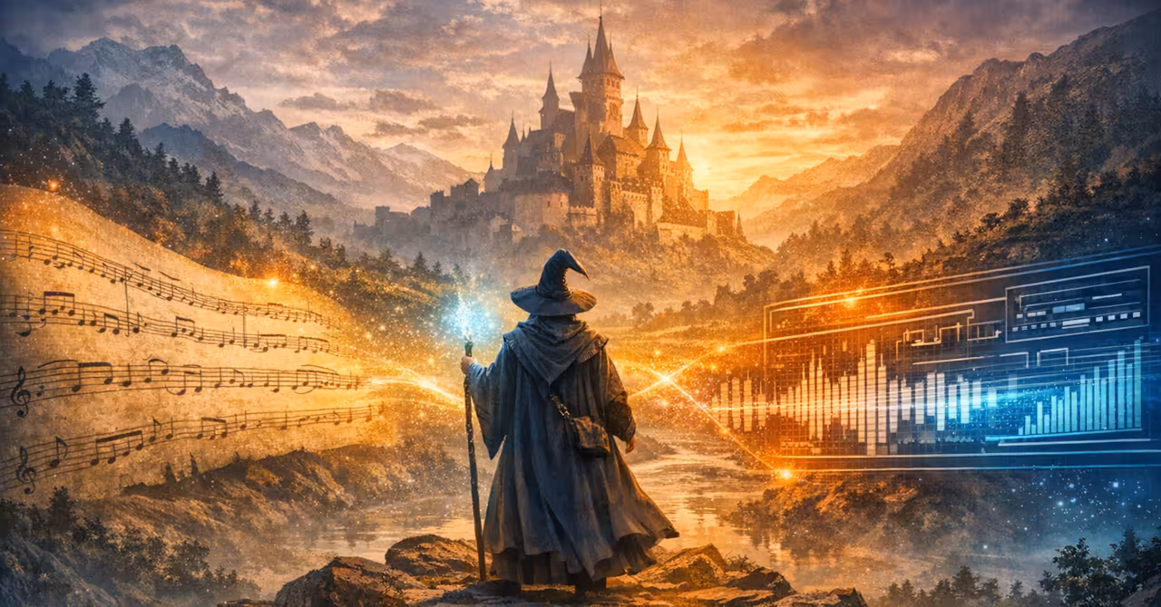 Wizard overlooking castle with flowing sheet music transforming into digital sound waves, representing shift from looping tracks to adaptive scoring systems.