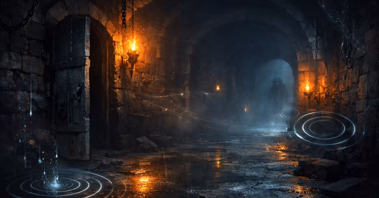 Dark fantasy dungeon corridor with torchlight, stone arches, visible sound ripples, dripping water, chains, and shadowy danger suggesting narrative audio cues.