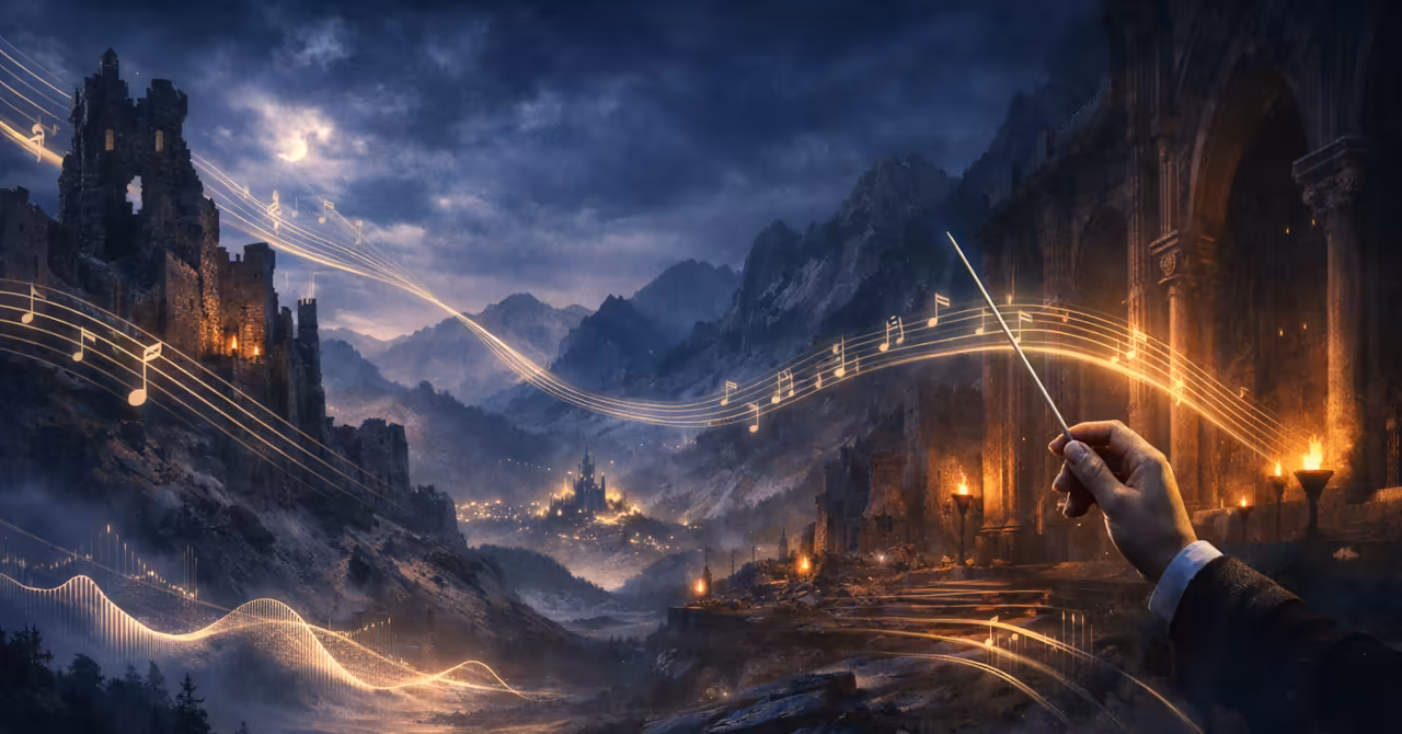Fantasy RPG landscape with cinematic lighting and glowing musical motifs showing game audio merging with film-style orchestral scoring.