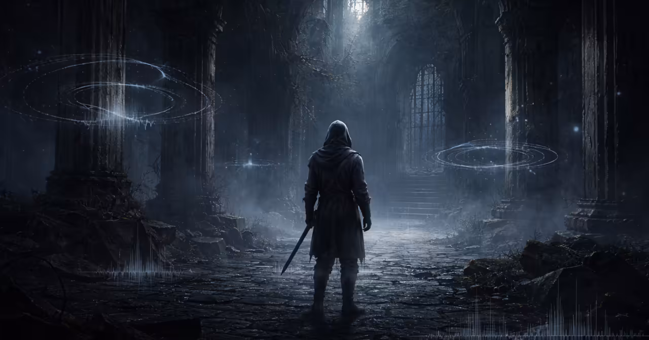 Silent fantasy RPG hall with lone figure, fading sound rings, muted atmosphere, and broken audio traces in a dark moonlit environment.