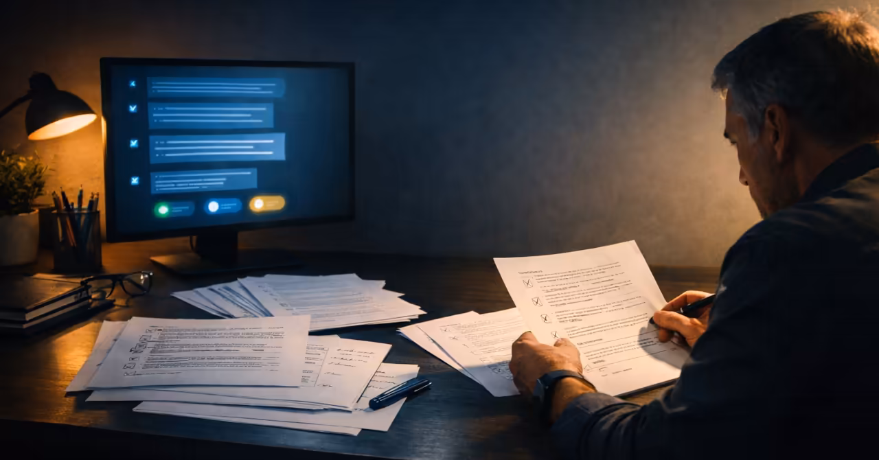 Editorial scene of a human reviewing AI-generated pages beside a glowing chat interface with scoring marks and strong negative space.