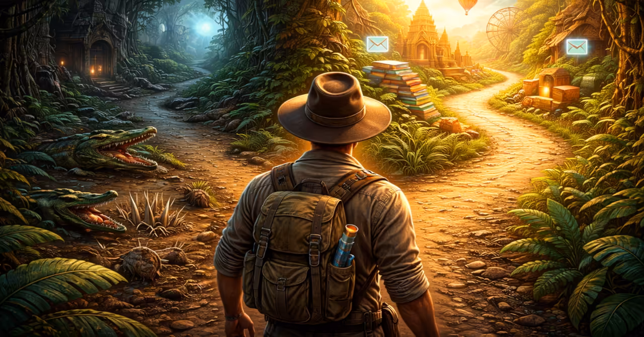 Explorer in jungle at forked path, with dangerous swamp on left and vibrant adventure park on right, symbolising choices in a content journey.