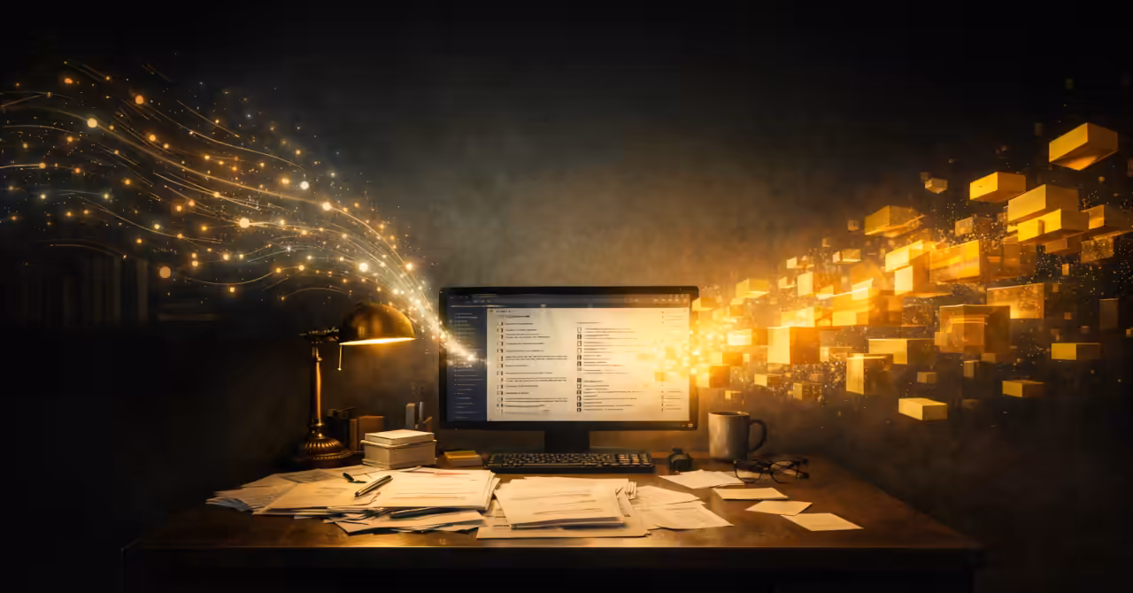 Editorial desk with archive pages, notes, and a glowing screen, symbolising a publisher activating value from a back catalogue.
