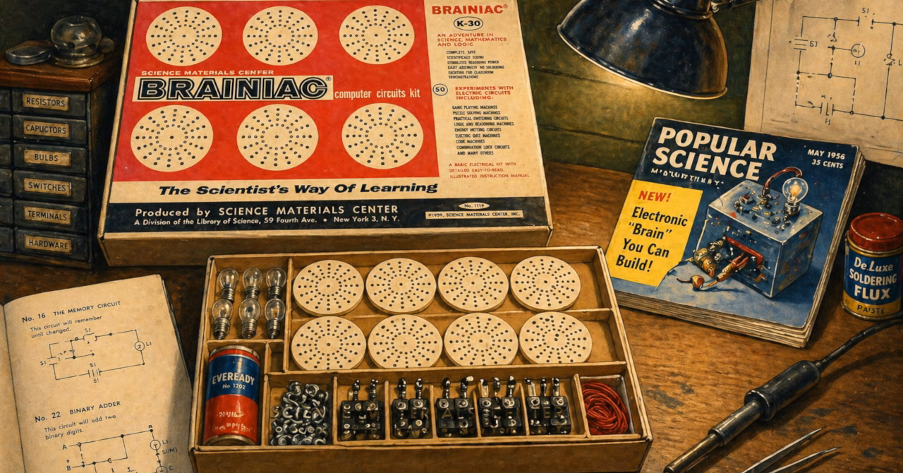 1950s illustrated workbench with Brainiac computer kit, switches, bulbs and wiring diagrams in a Popular Science style scene
