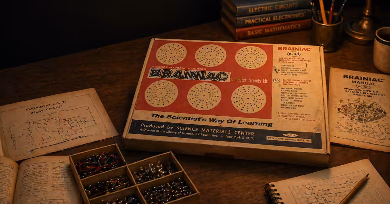 1950s desk with GENIAC-style switches, wires, bulbs, and circuit diagrams arranged for hands-on computing education.