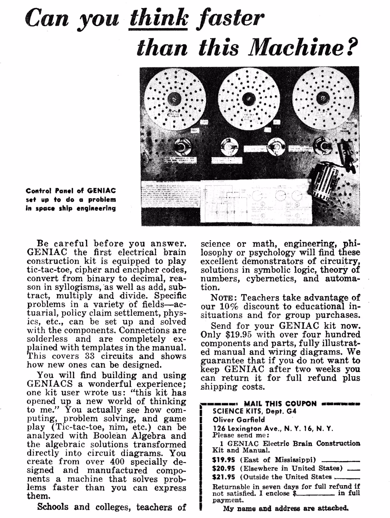 GENIAC advertisement from Galaxy Magazine showing the electric brain construction kit