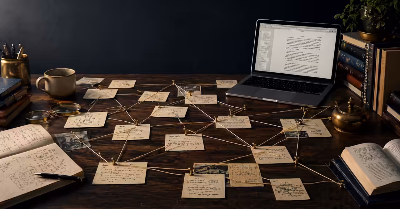 Desk with notes, books, and article cards connected by threads to suggest an evolving Idea Mesh