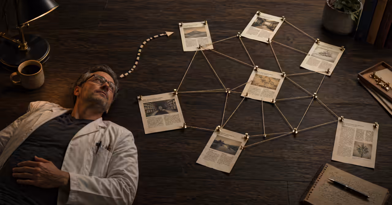 Printed article pages connected by thread and pins on a desk, forming a structured editorial idea mesh.