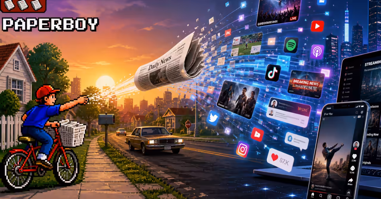 1980s pixel paperboy throws newspaper that transforms mid-air into digital media stream flowing into modern devices and apps in neon cityscape