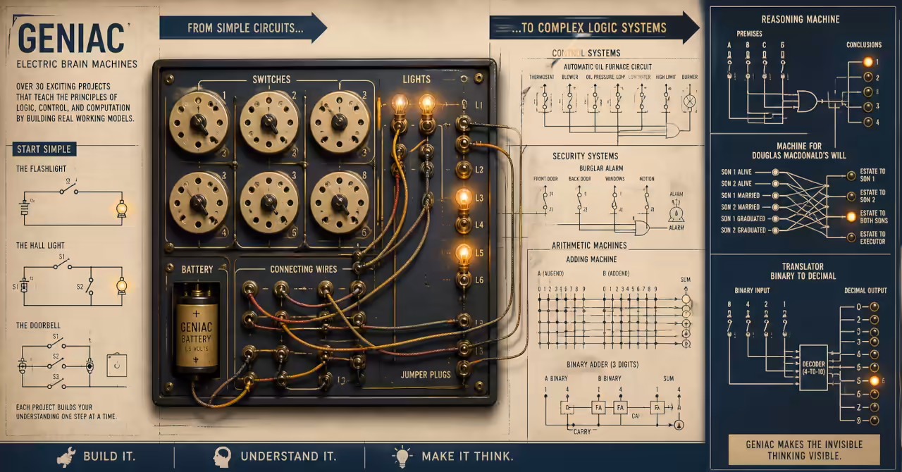 GENIAC panel with switches, wiring, and circuit diagrams showing progression from simple circuits to complex logic systems