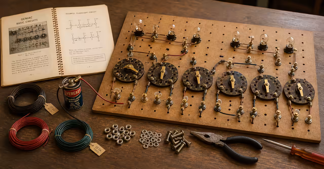 GENIAC analogue computer kit with switches, bulbs, wires, and mechanical terminals on a masonite panel