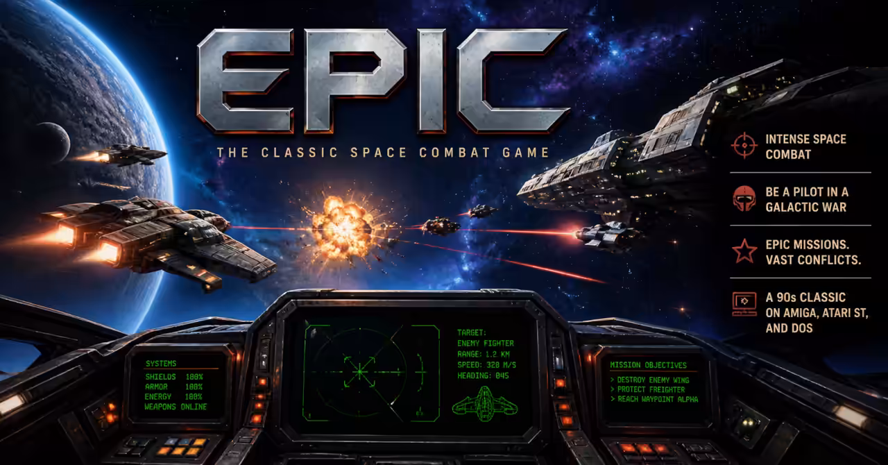 EPIC space combat hero banner with starfighters, cockpit display, explosions, planets, and a 1990s sci-fi game atmosphere