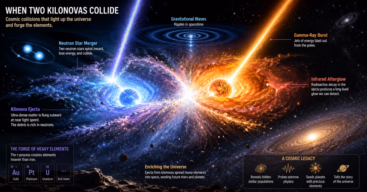 Two bright kilonova explosions overlap in deep space, with glowing debris clouds, neutron stars, and gravitational wave ripples.