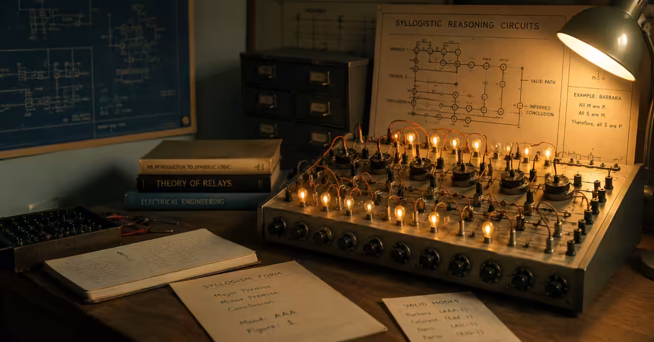 1950s electric brain kit with switches, wires, glowing bulbs, and logic notes on a tabletop.