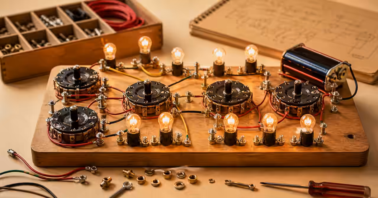 Vintage GENIAC-style electric brain kit with glowing bulbs, rotary switches, wires, and battery mounted on a wooden tabletop board