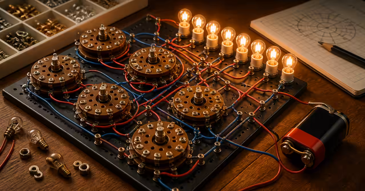 Vintage GENIAC-style logic kit with rotary switches, coloured wires, brass contacts, glowing bulbs and a battery on a wooden workbench