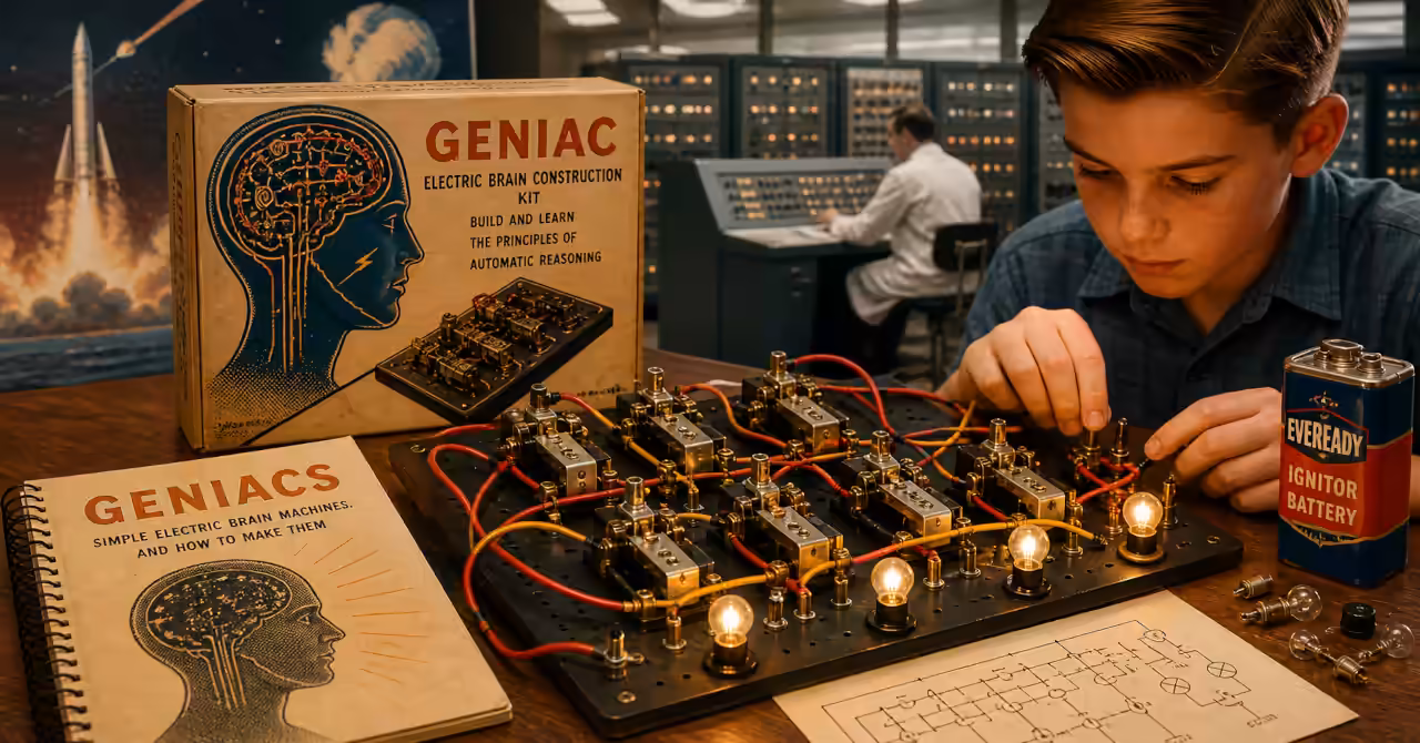 A 1950s-inspired GENIAC electric brain kit on a wooden table with glowing bulbs, switches, wiring, manuals, and a child assembling circuits
