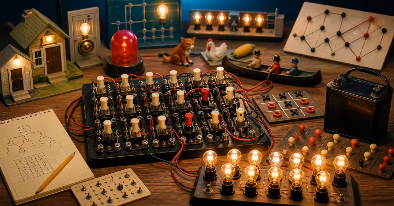 Vintage workbench with glowing bulbs, wired logic board, game pieces, model houses, puzzle diagrams, and a battery-powered GENIAC-style circuit