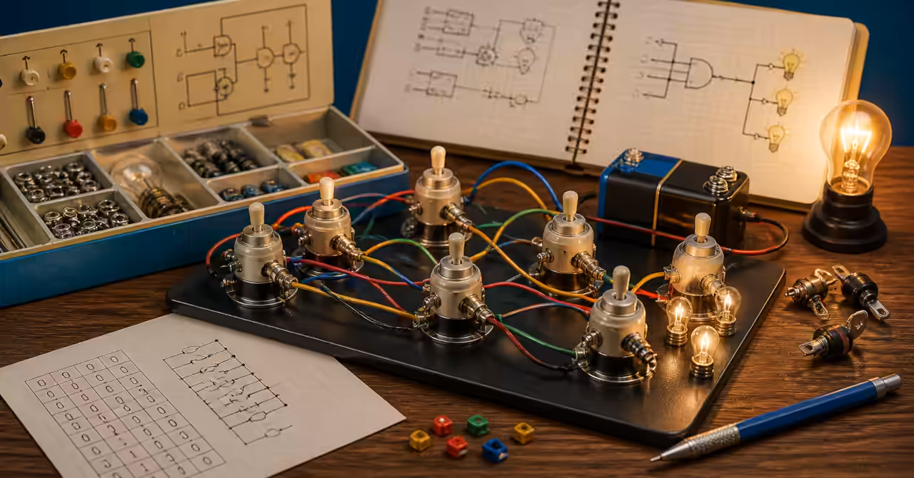 Vintage-style GENIAC electric brain kit with switches, coloured wiring, glowing bulbs, binary diagrams, and circuit notebooks on a wooden workbench