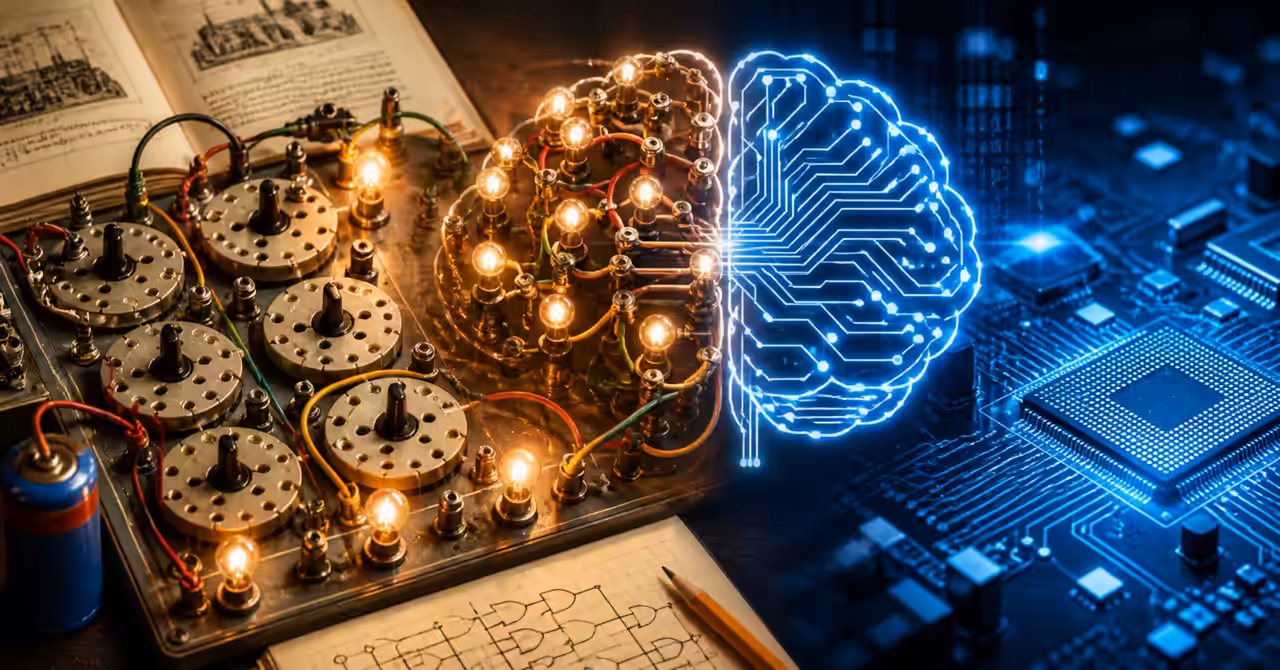 Vintage GENIAC-inspired electric brain switches and glowing bulbs merging into a modern computer circuit board with a luminous digital brain