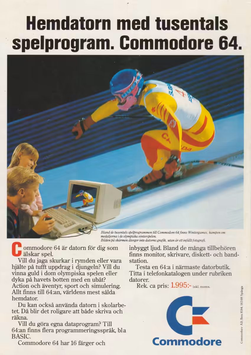 Original Swedish Commodore 64 magazine advertisement promoting games, BASIC programming and family computing in 1990.