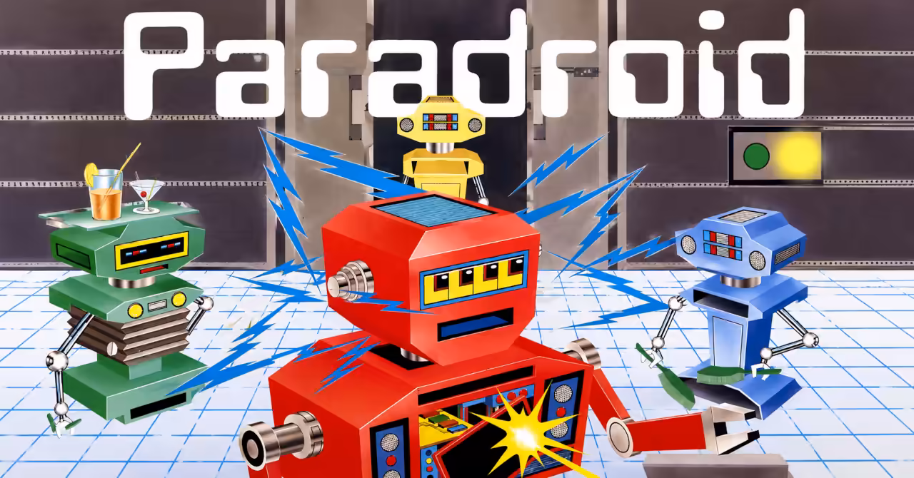 Retro Paradroid-inspired robot cover art with colourful robots, energy effects and a futuristic grid-floor laboratory scene.