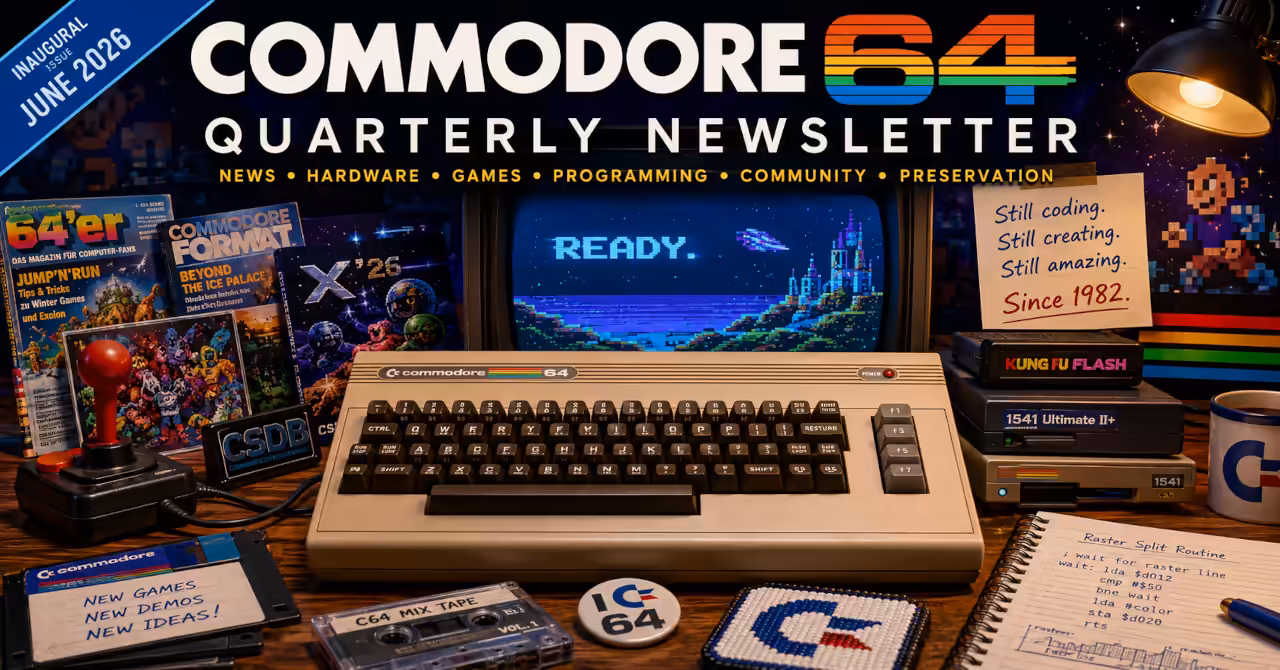 Illustrated Commodore 64 workspace with classic hardware, joystick, magazines and modern accessories celebrating the June 2026 inaugural quarterly newsletter.