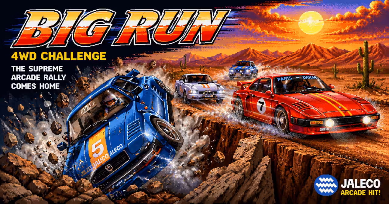 Reimagined 16-bit pixel art showing rally cars racing through a dramatic mountain stage, inspired by a classic arcade game box cover. Artist's impression.