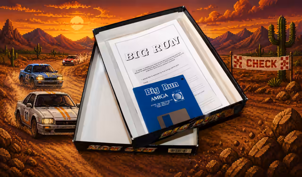 Open Big Run Amiga box containing the floppy disk and instructions
