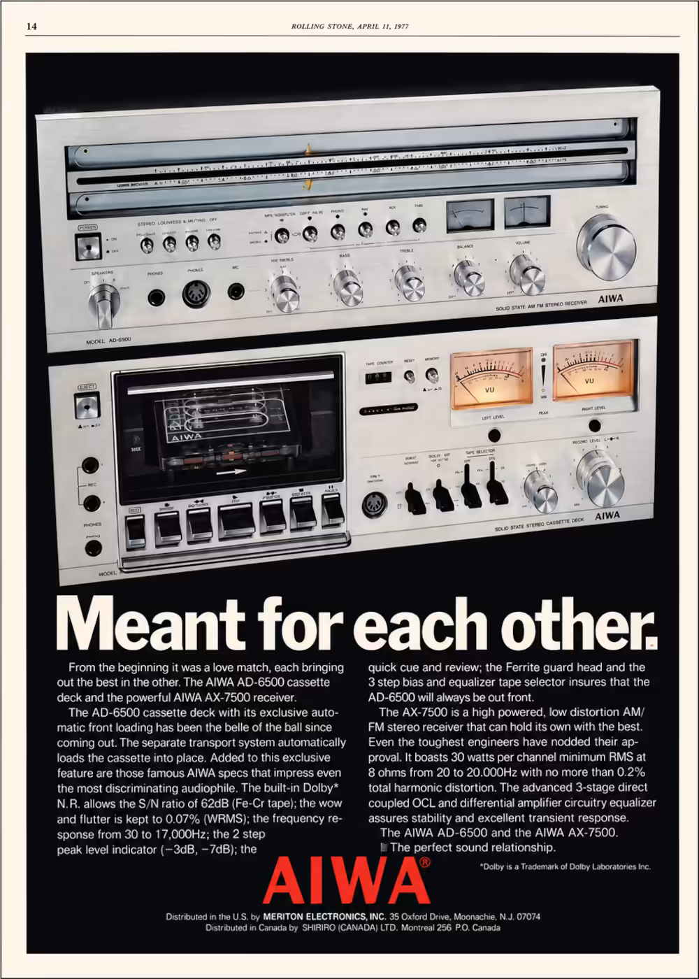 1977 AIWA advertisement featuring the AX-7500 stereo receiver and AD-6500 cassette deck with the slogan 'Meant for Each Other'.