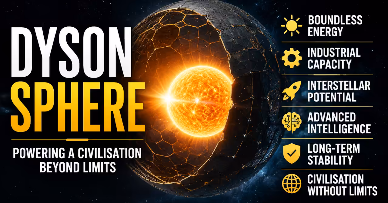 A glowing Dyson Sphere surrounds a bright yellow star, with orbital rings and solar collectors illustrating a civilisation-scale megastructure harvesting stellar energy.