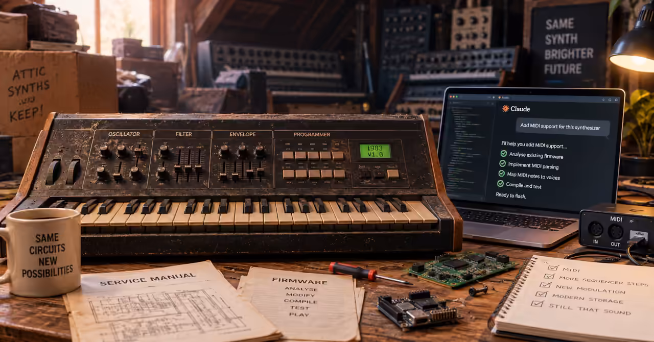 Dusty vintage synthesizer on a workbench beside a laptop using AI-assisted firmware development, with service manuals, MIDI gear and electronics.