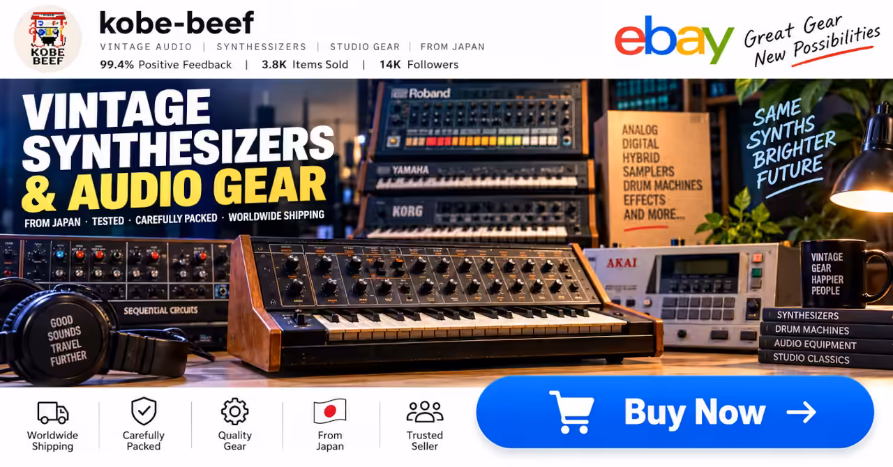 eBay affiliate banner featuring vintage synthesizers, drum machines and audio gear from Japanese seller Kobe-Beef, with a prominent Buy Now button.